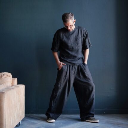 Relaxed Fit Trousers High-Waist Rise Linen for Men Loose Drape